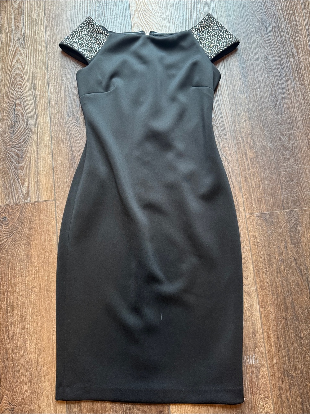 Black Cocktail Sheath Dress with Embellished Cap Sleeves